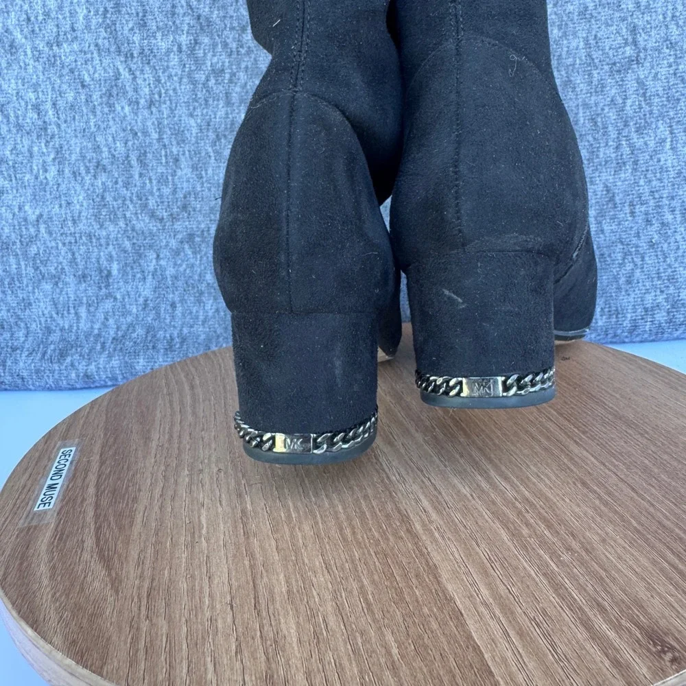 Michael Kors Jaime Black Stretch Over the Knee Boots Chain Accents Mid-Heel Sz 8